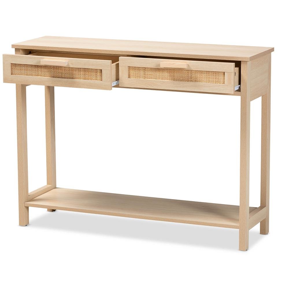 Light Brown Finished Wood 2-Drawer Console Table with Natural Rattan. Picture 12