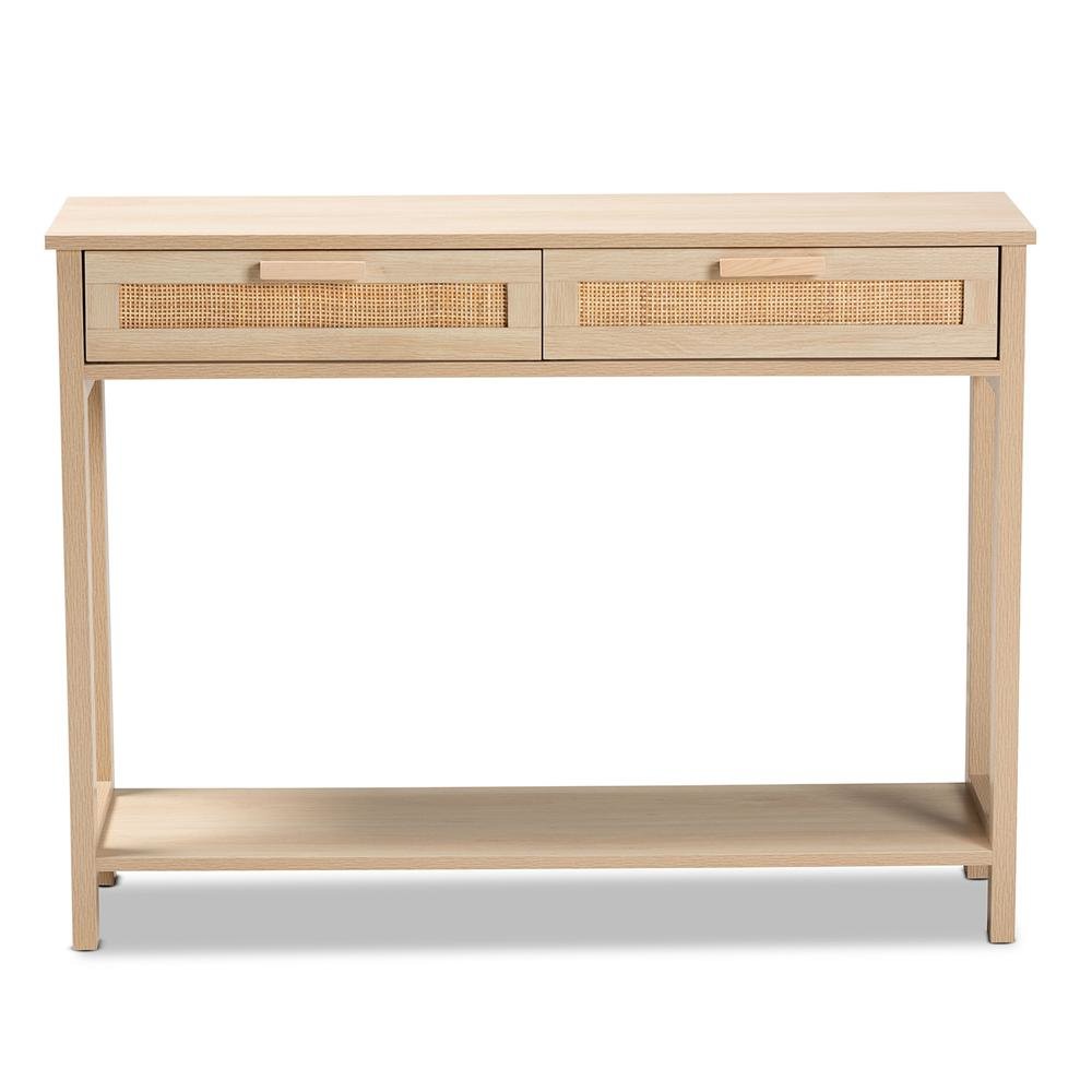 Light Brown Finished Wood 2-Drawer Console Table with Natural Rattan. Picture 13