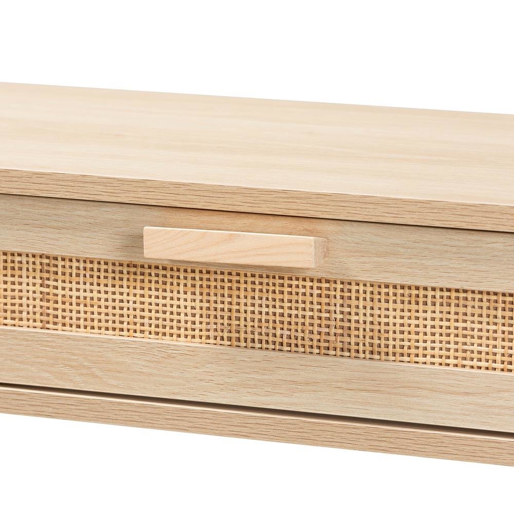 Light Brown Finished Wood 2-Drawer Console Table with Natural Rattan. Picture 15
