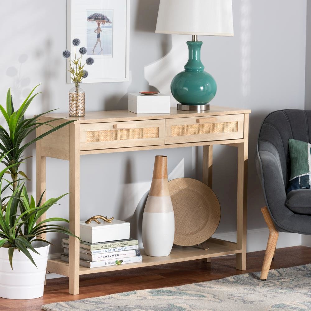 Light Brown Finished Wood 2-Drawer Console Table with Natural Rattan. Picture 18