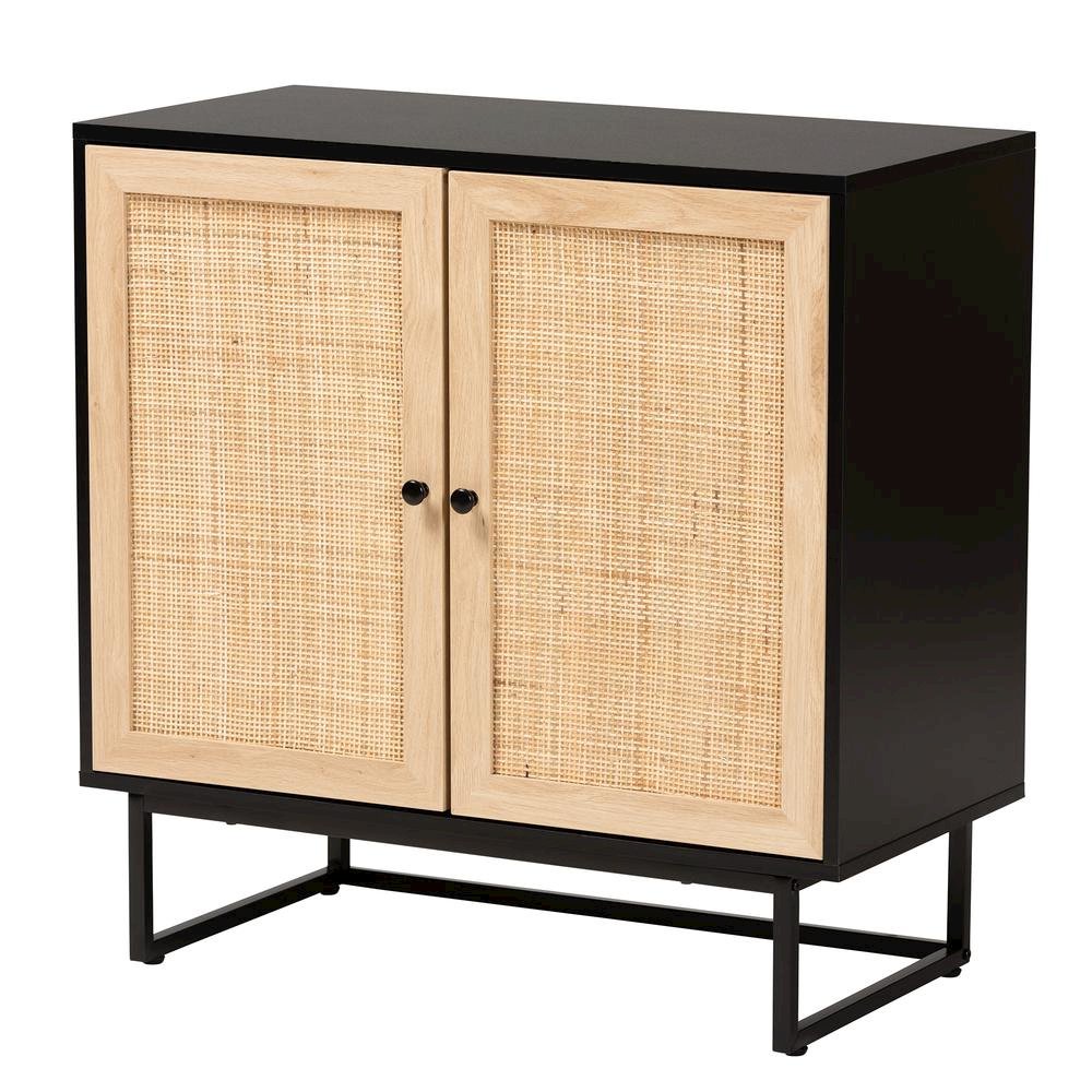 Espresso Brown Finished Wood and Natural Rattan 2-Door Storage Cabinet. Picture 11