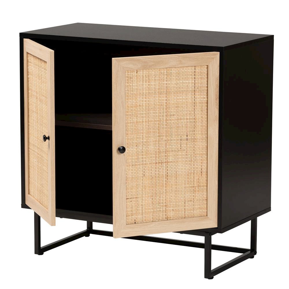 Espresso Brown Finished Wood and Natural Rattan 2-Door Storage Cabinet. Picture 12