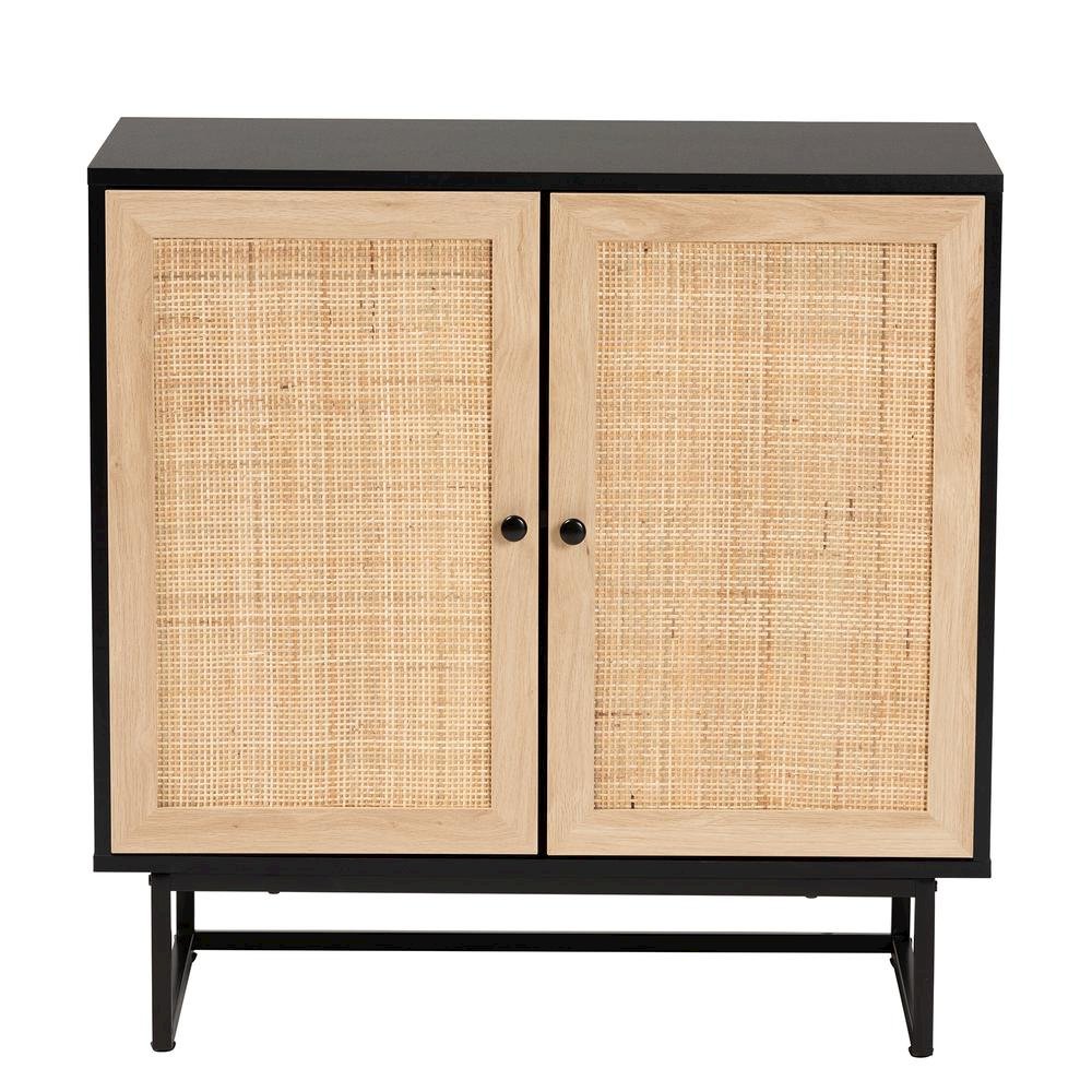 Espresso Brown Finished Wood and Natural Rattan 2-Door Storage Cabinet. Picture 13