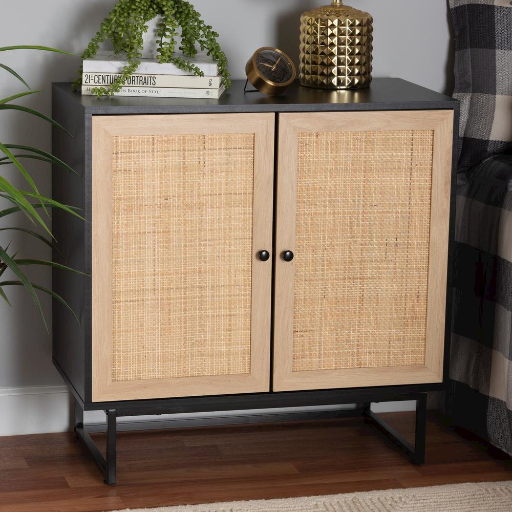 Espresso Brown Finished Wood and Natural Rattan 2-Door Storage Cabinet. Picture 18