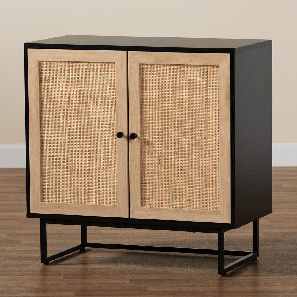 Espresso Brown Finished Wood and Natural Rattan 2-Door Storage Cabinet. Picture 19