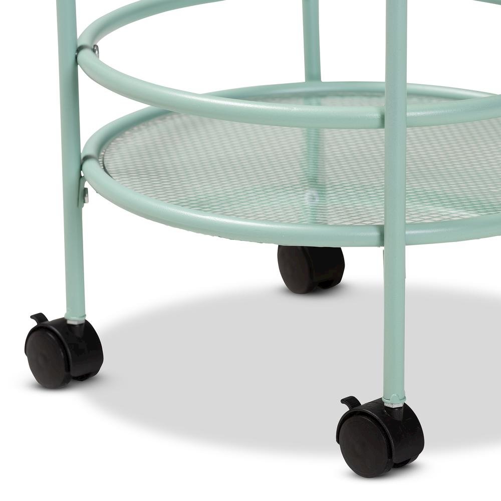 Newell Mid-Century Modern Mint Green Finished Metal 2-Tier Kitchen Cart. Picture 13