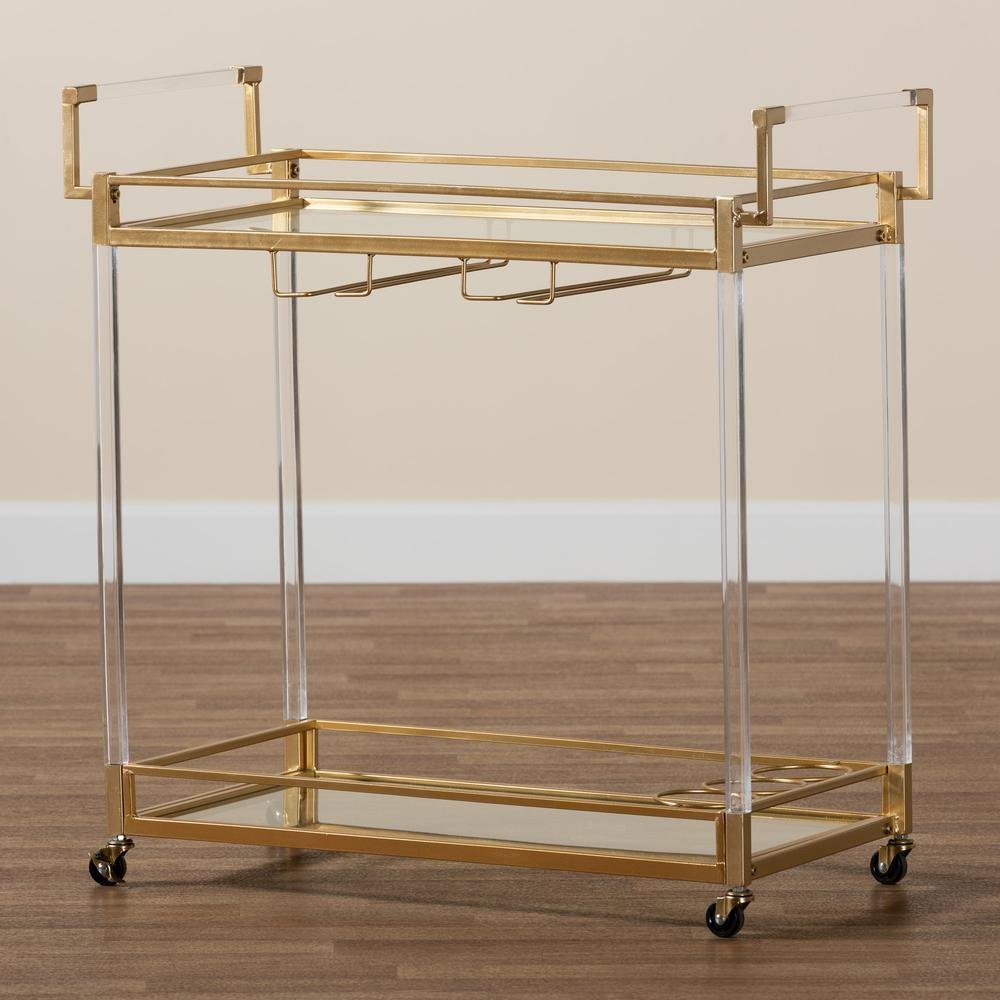 Baxton Studio Savannah Contemporary Glam and Luxe Gold Metal and Glass Wine Cart. Picture 21