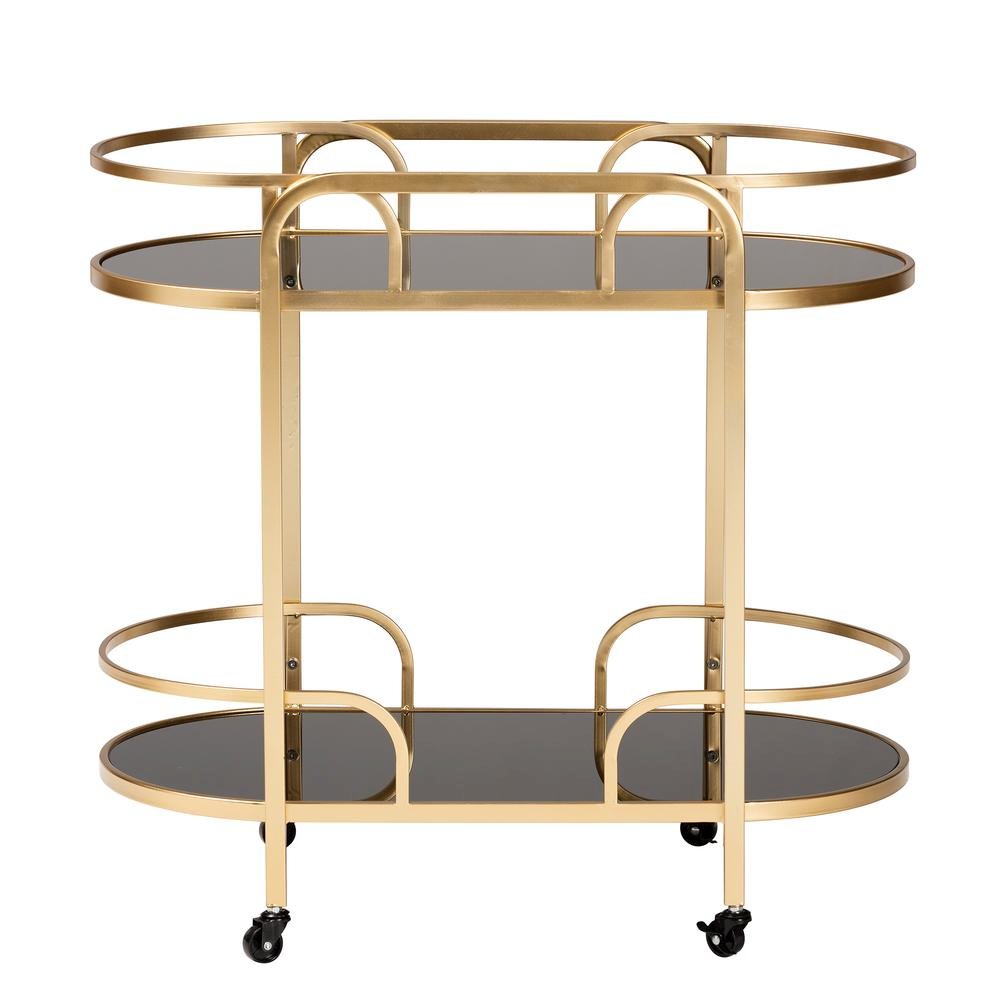 Glam and Luxe Gold Metal and Tempered Glass 2-Tier Wine Cart. Picture 10