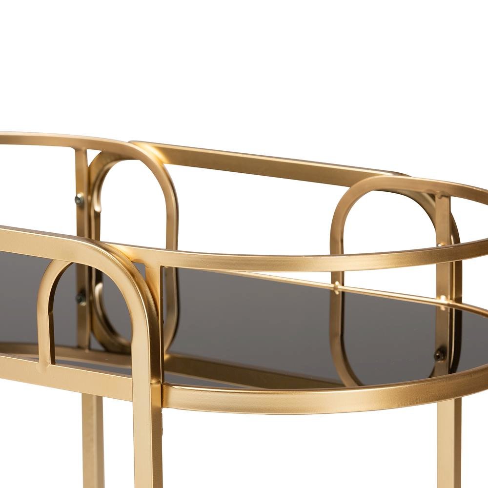 Glam and Luxe Gold Metal and Tempered Glass 2-Tier Wine Cart. Picture 12