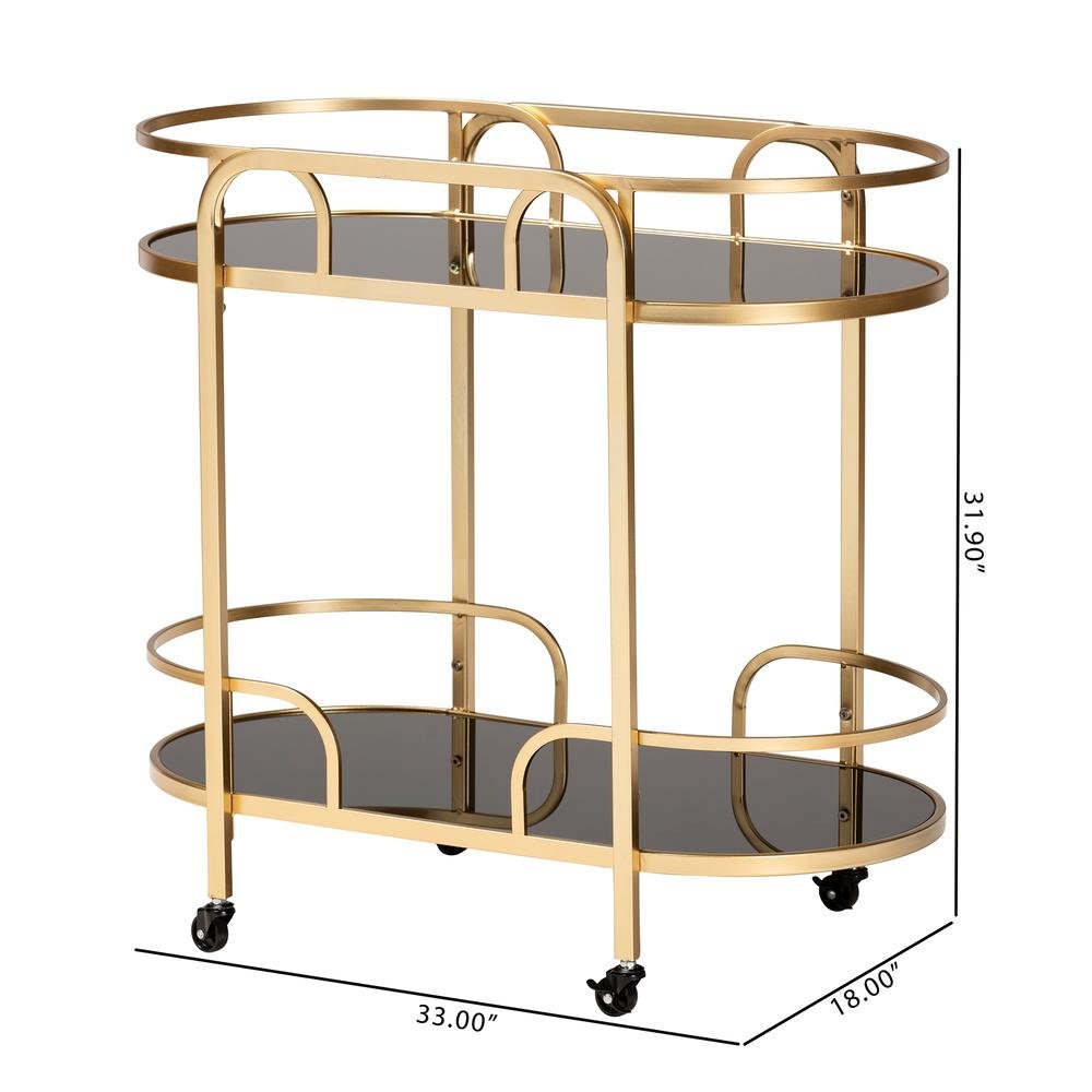Glam and Luxe Gold Metal and Tempered Glass 2-Tier Wine Cart. Picture 16