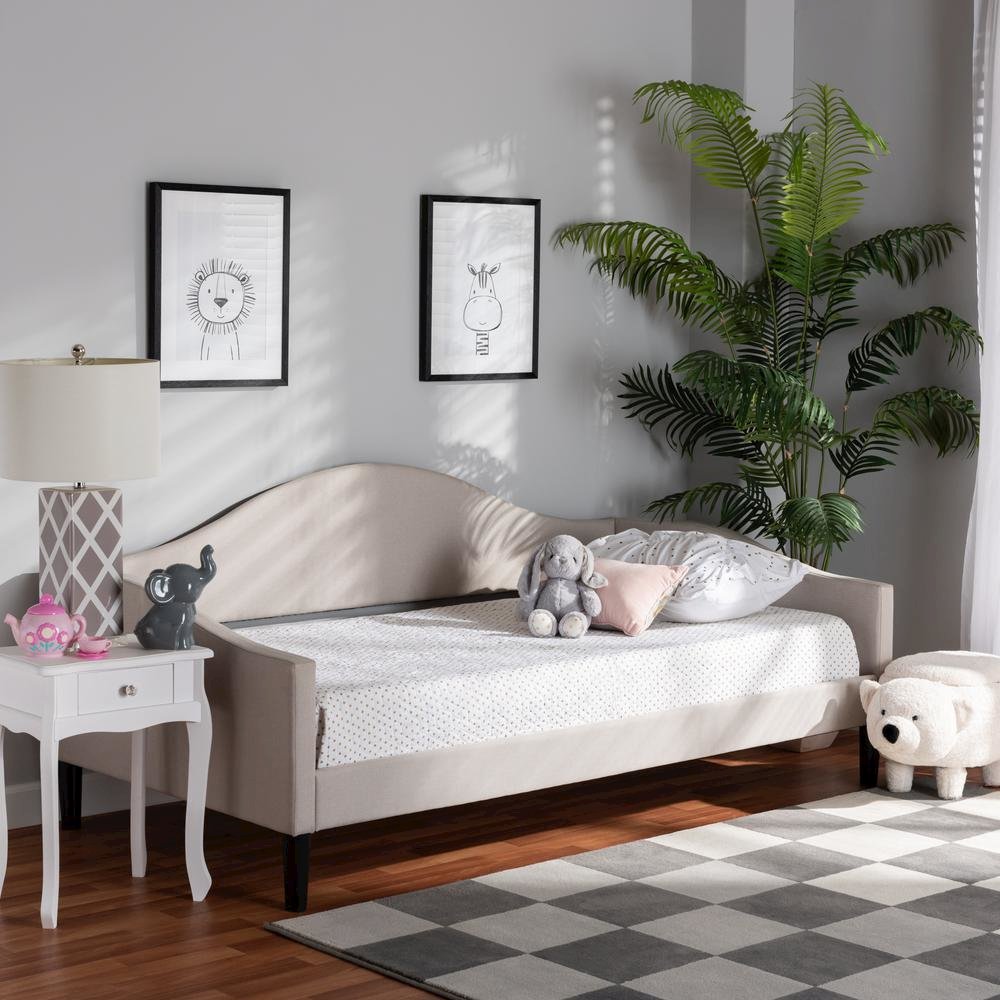 Beige Fabric Upholstered and Dark Brown Finished Wood Full Size Daybed. Picture 16