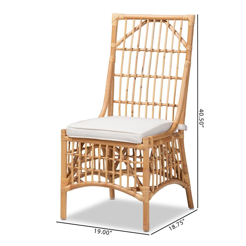 Bohemian White Fabric Upholstered and Natural Brown Rattan Dining Chair. Picture 20