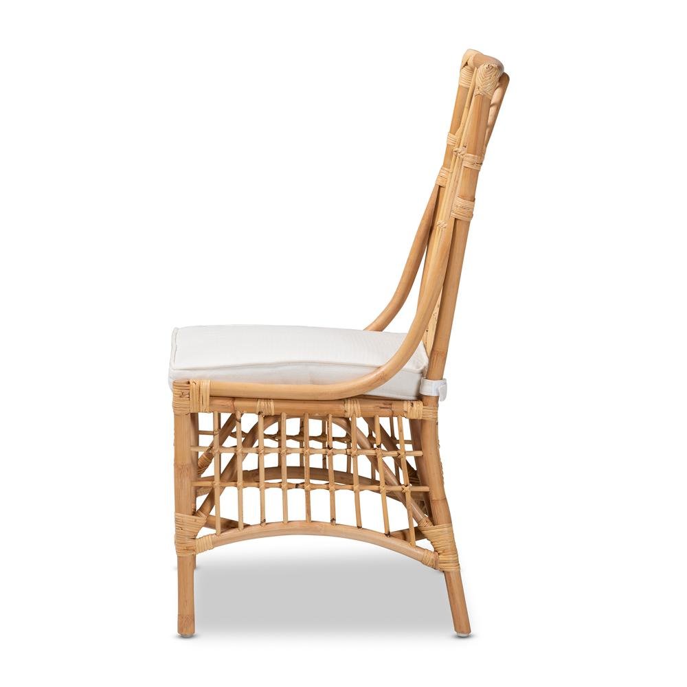 Bohemian White Fabric Upholstered and Natural Brown Rattan Dining Chair. Picture 13