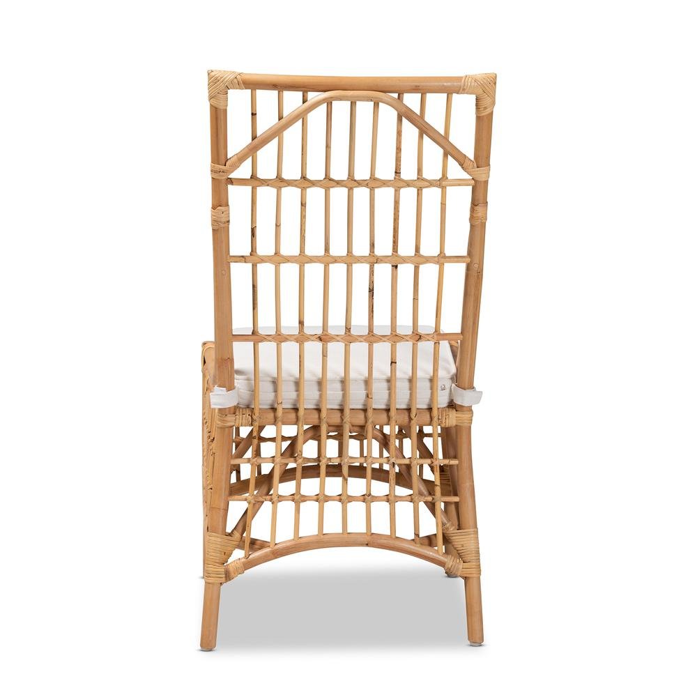 Bohemian White Fabric Upholstered and Natural Brown Rattan Dining Chair. Picture 14