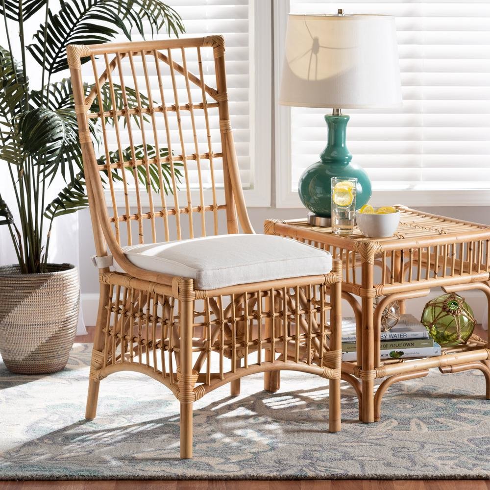 Bohemian White Fabric Upholstered and Natural Brown Rattan Dining Chair. Picture 18