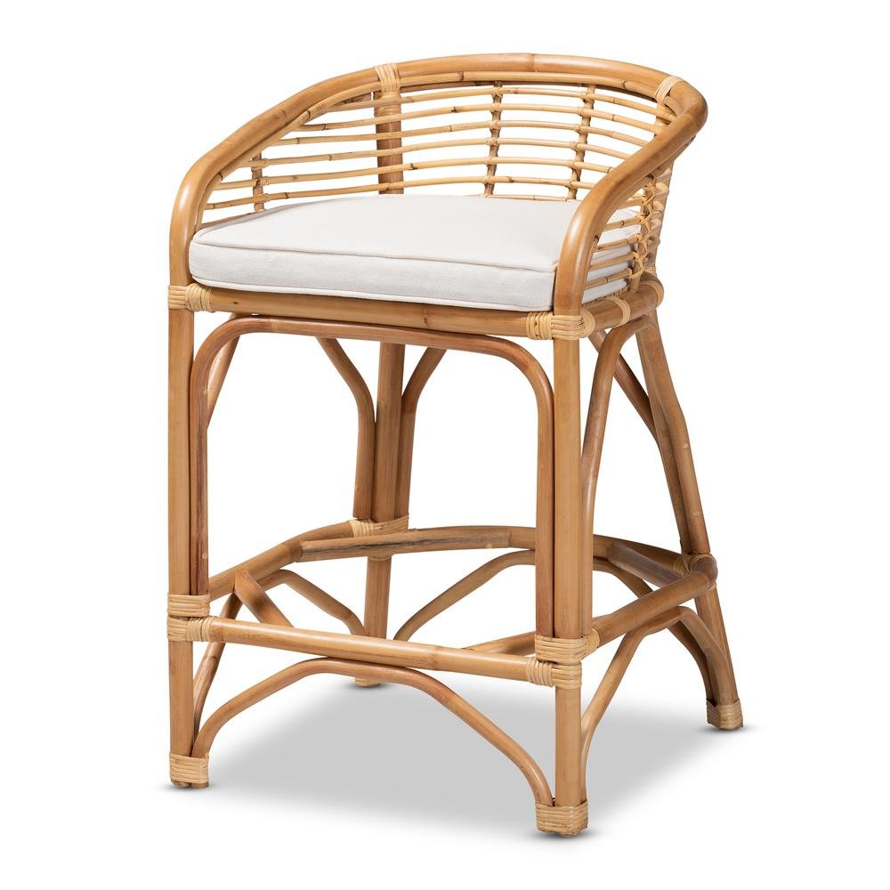 Bohemian White Fabric Upholstered and Natural Brown Rattan Counter Stool. Picture 11