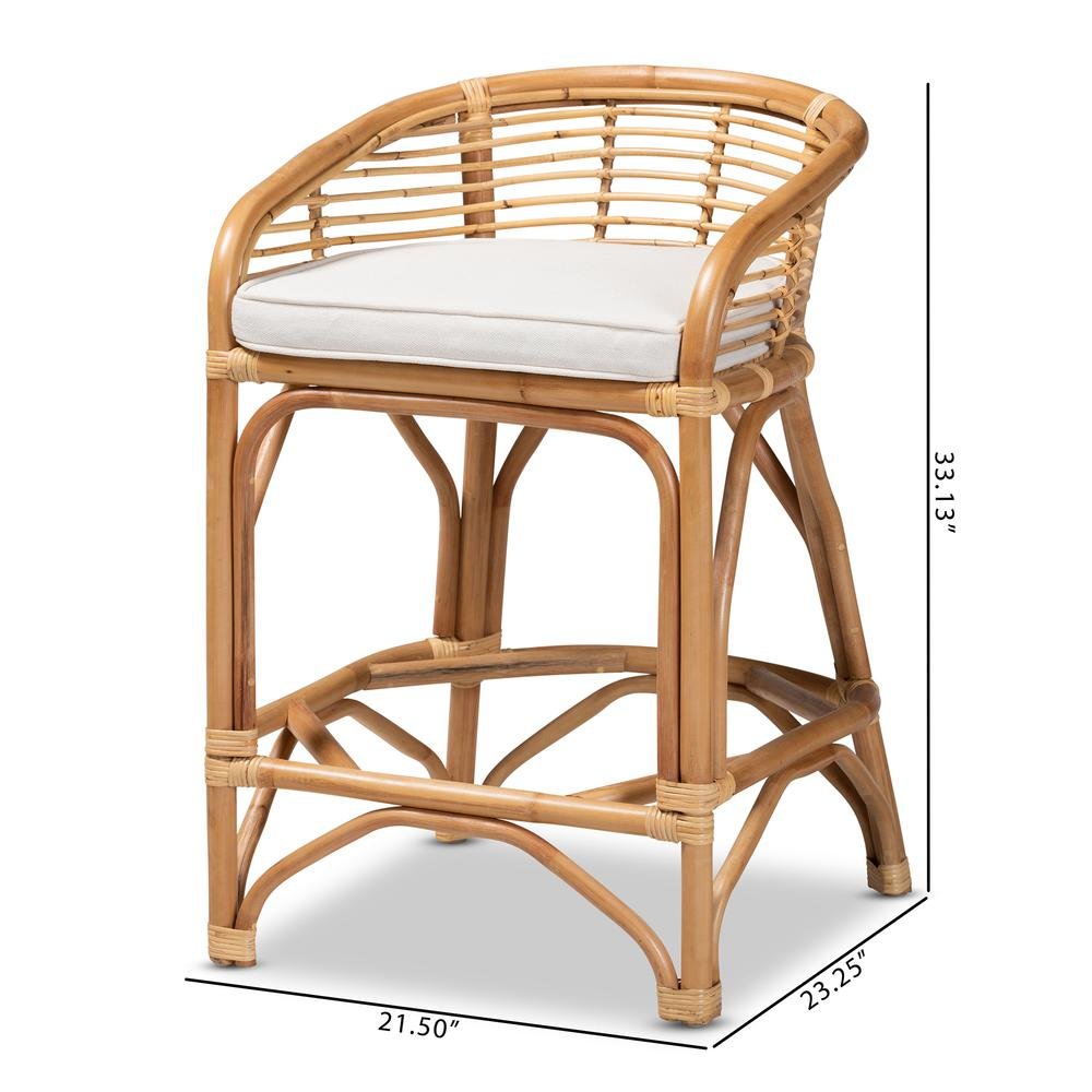 Bohemian White Fabric Upholstered and Natural Brown Rattan Counter Stool. Picture 20