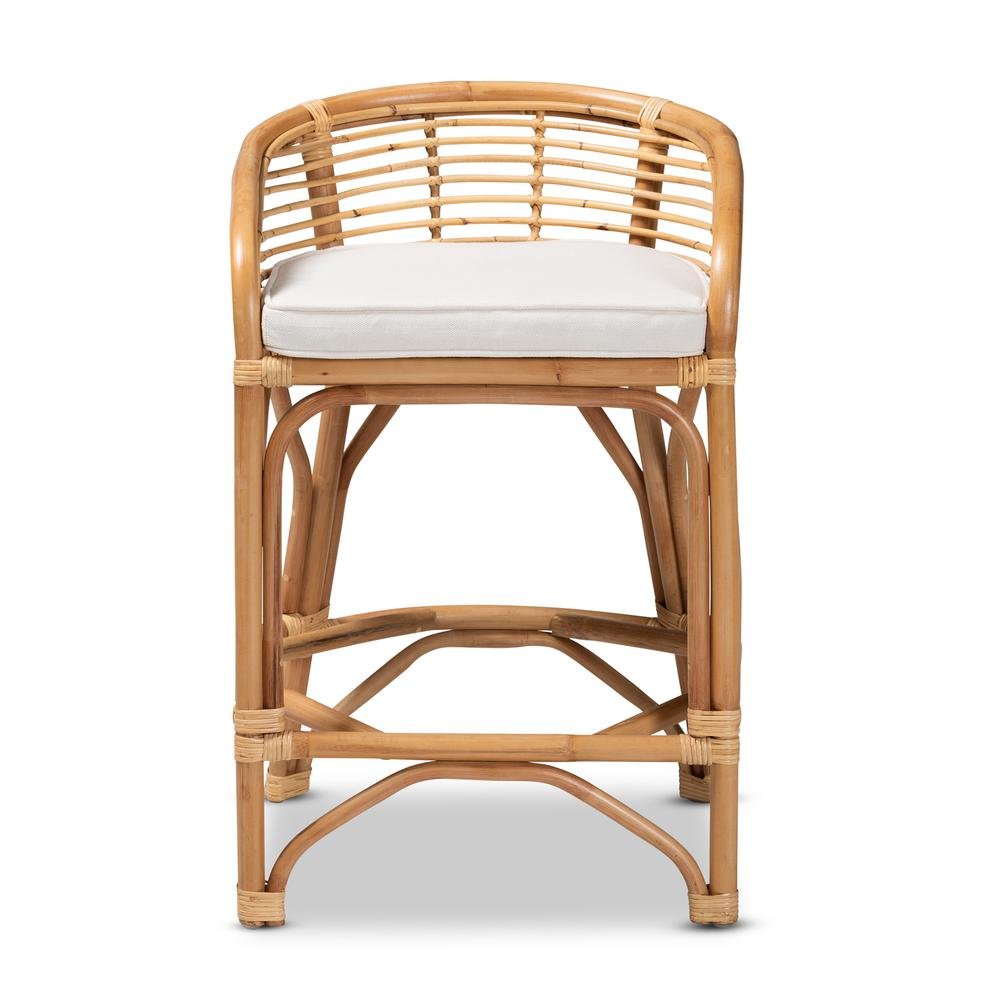 Bohemian White Fabric Upholstered and Natural Brown Rattan Counter Stool. Picture 12