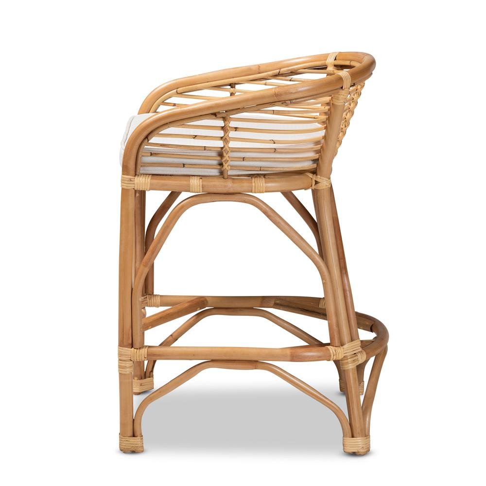 Bohemian White Fabric Upholstered and Natural Brown Rattan Counter Stool. Picture 13