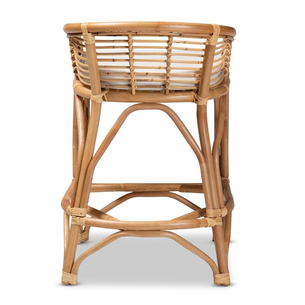 Bohemian White Fabric Upholstered and Natural Brown Rattan Counter Stool. Picture 14