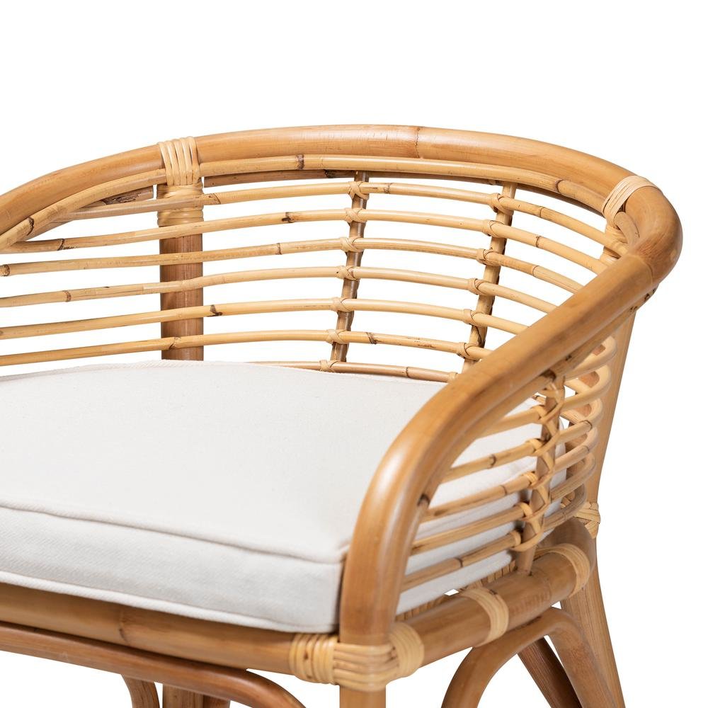 Bohemian White Fabric Upholstered and Natural Brown Rattan Counter Stool. Picture 15