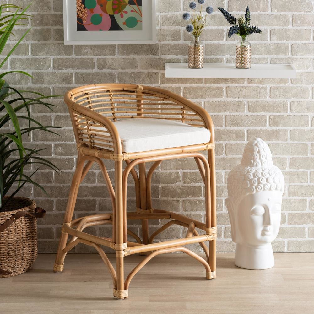Bohemian White Fabric Upholstered and Natural Brown Rattan Counter Stool. Picture 18
