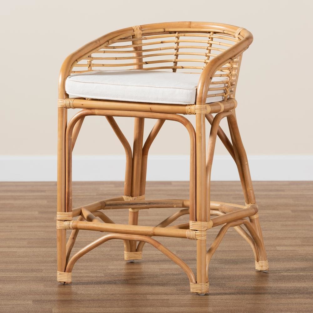 Bohemian White Fabric Upholstered and Natural Brown Rattan Counter Stool. Picture 19