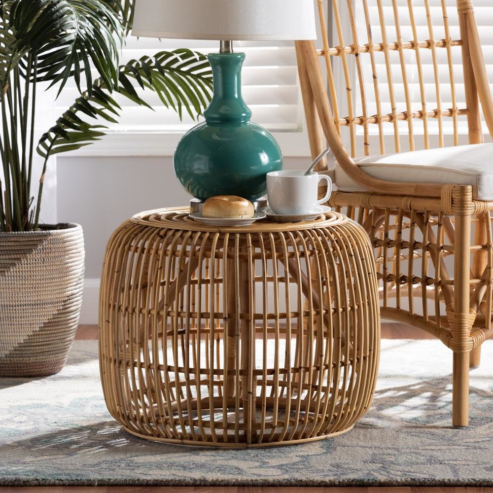 bali & pari Maverick Modern Bohemian Natural Brown Rattan End table. Picture 10