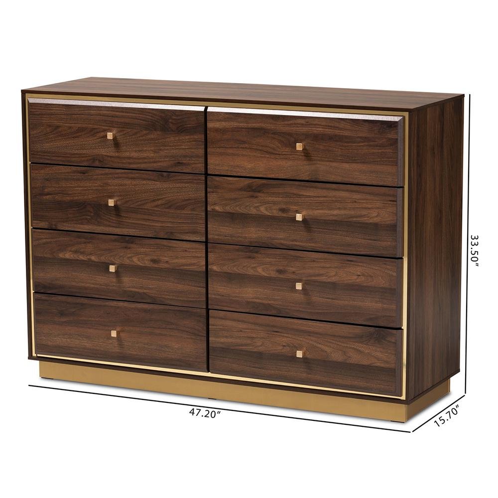 Walnut Brown Finished Wood and Gold Metal 8-Drawer Dresser. Picture 20