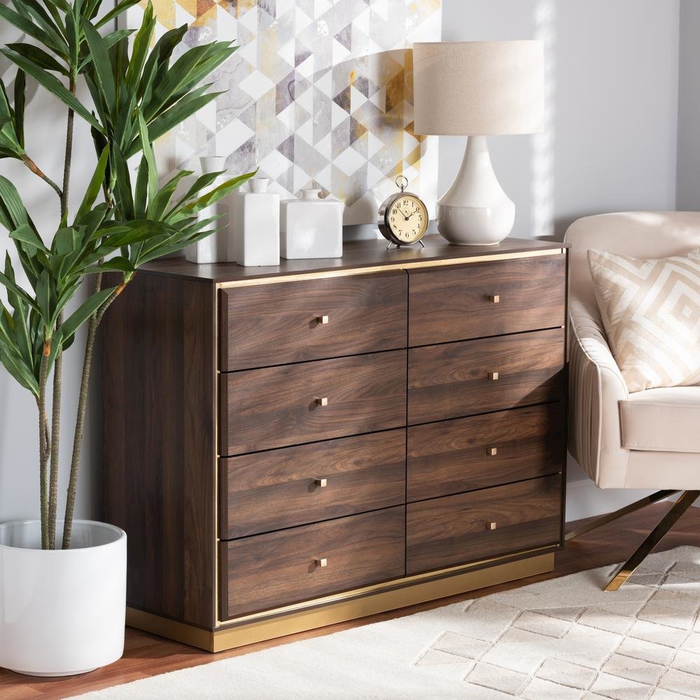 Walnut Brown Finished Wood and Gold Metal 8-Drawer Dresser. Picture 18