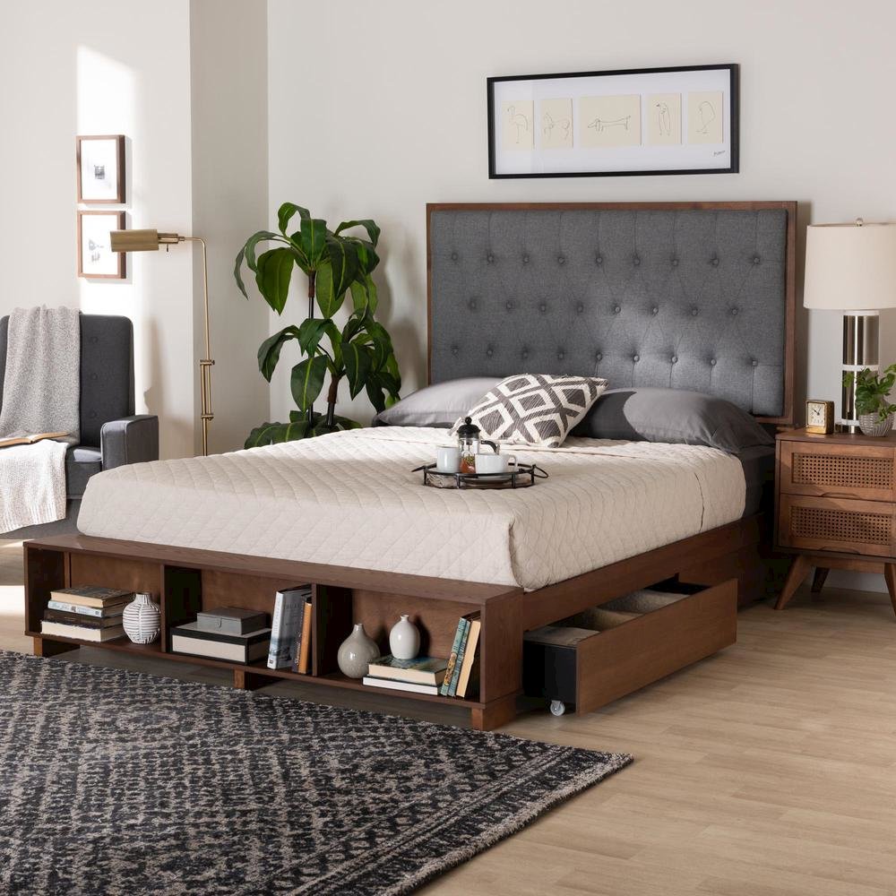Walnut Brown Finished Wood King Size Platform Storage Bed. Picture 24