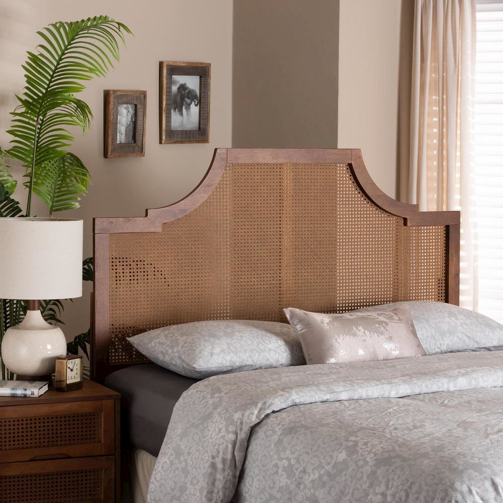 Risha Mid-Century Modern Ash Walnut Finished Wood and Rattan King Size Headboard. Picture 14