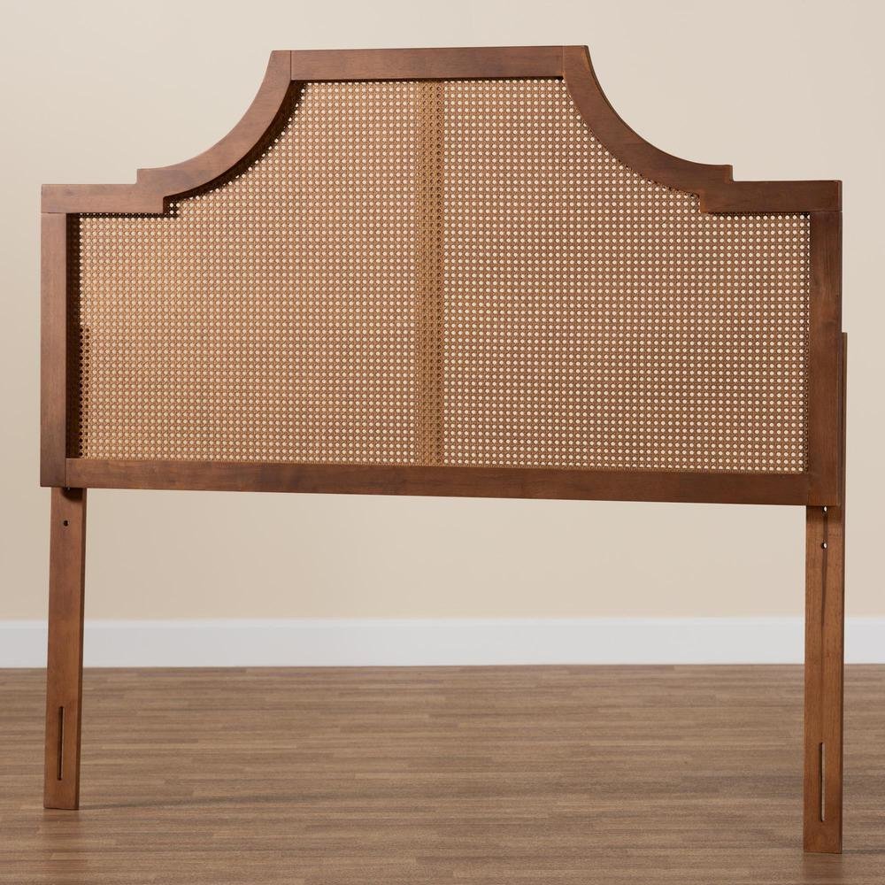 Risha Mid-Century Modern Ash Walnut Finished Wood and Rattan King Size Headboard. Picture 15