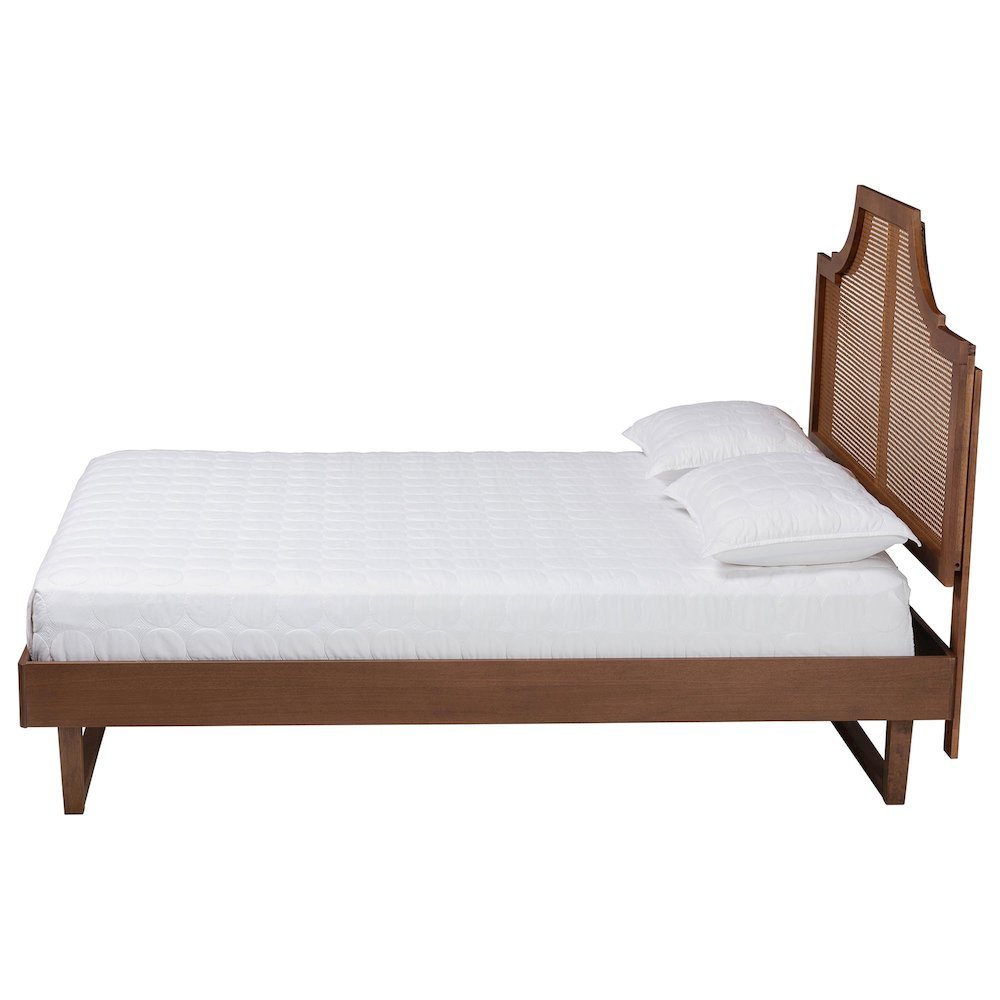 Francine Mid-Century Modern Ash Walnut Woven Rattan Queen Size Bed. Picture 13