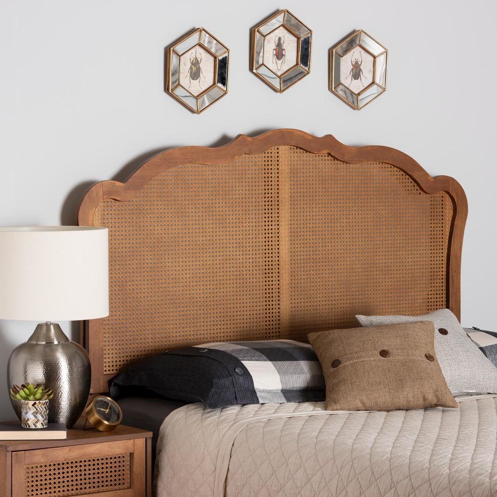 Traditional Ash Walnut Finished Wood King Size Headboard with Rattan. Picture 14