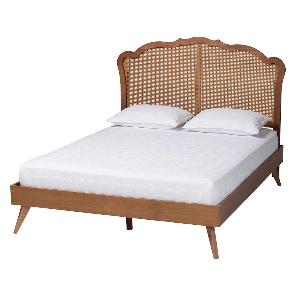 Aithan Mid-Century Walnut Brown Wood and Rattan Queen Size Platform Bed. Picture 12