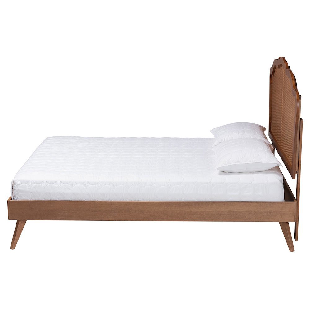 Aithan Mid-Century Walnut Brown Wood and Rattan Queen Size Platform Bed. Picture 13