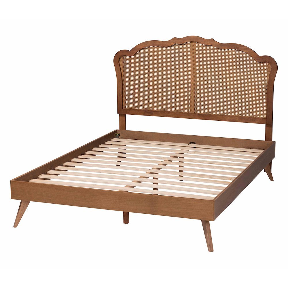 Aithan Mid-Century Walnut Brown Wood and Rattan Queen Size Platform Bed. Picture 14