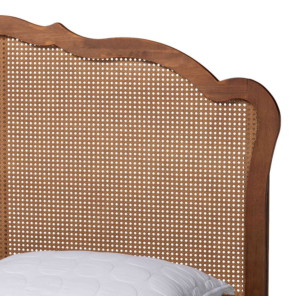 Aithan Mid-Century Walnut Brown Wood and Rattan Queen Size Platform Bed. Picture 15
