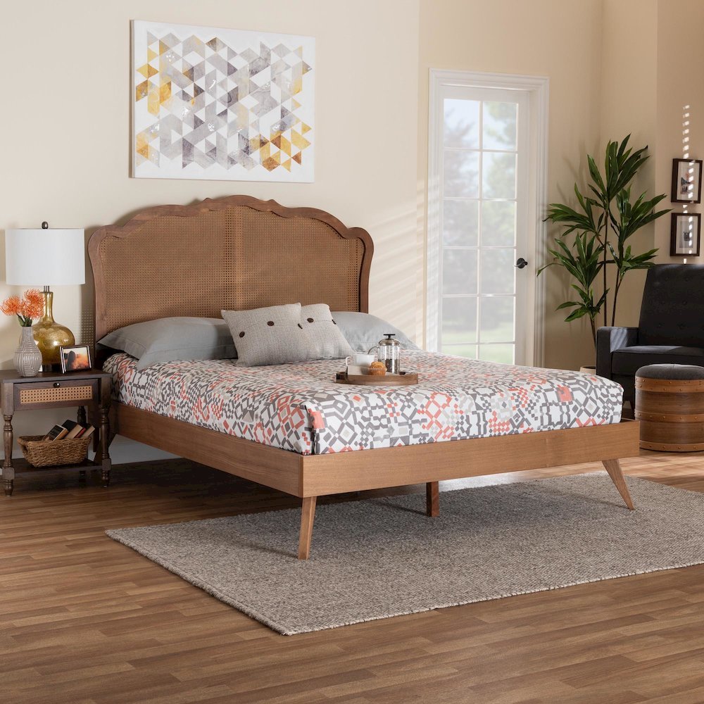 Aithan Mid-Century Walnut Brown Wood and Rattan Queen Size Platform Bed. Picture 18