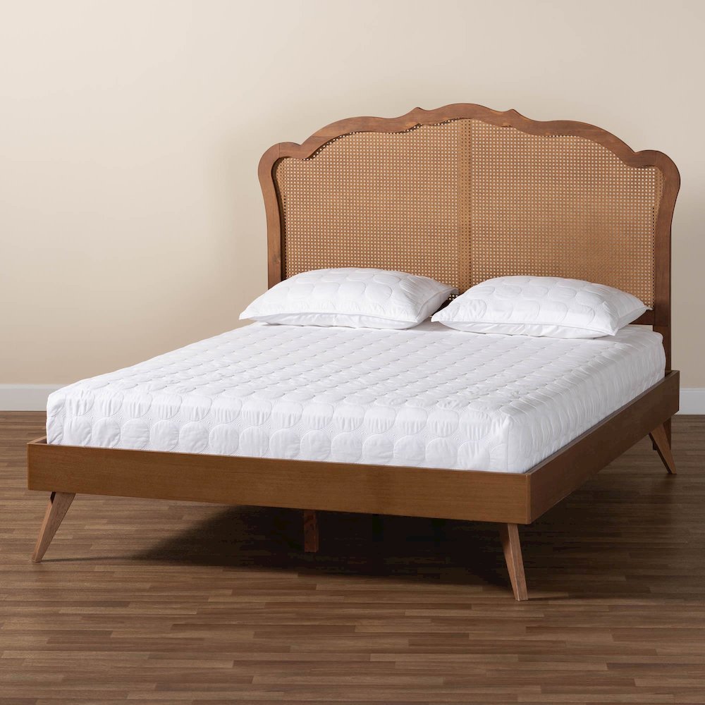 Aithan Mid-Century Walnut Brown Wood and Rattan Queen Size Platform Bed. Picture 19