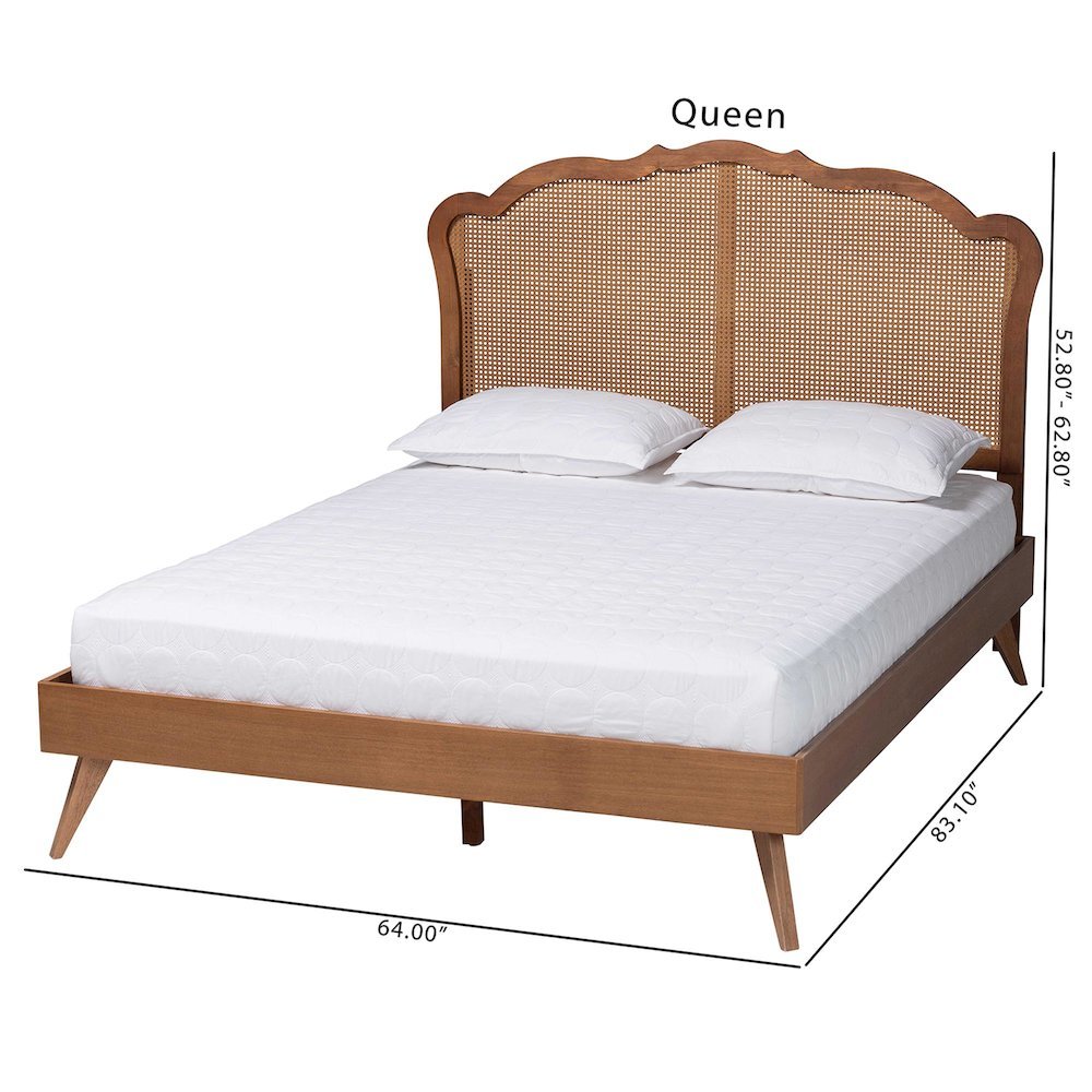Aithan Mid-Century Walnut Brown Wood and Rattan Queen Size Platform Bed. Picture 20
