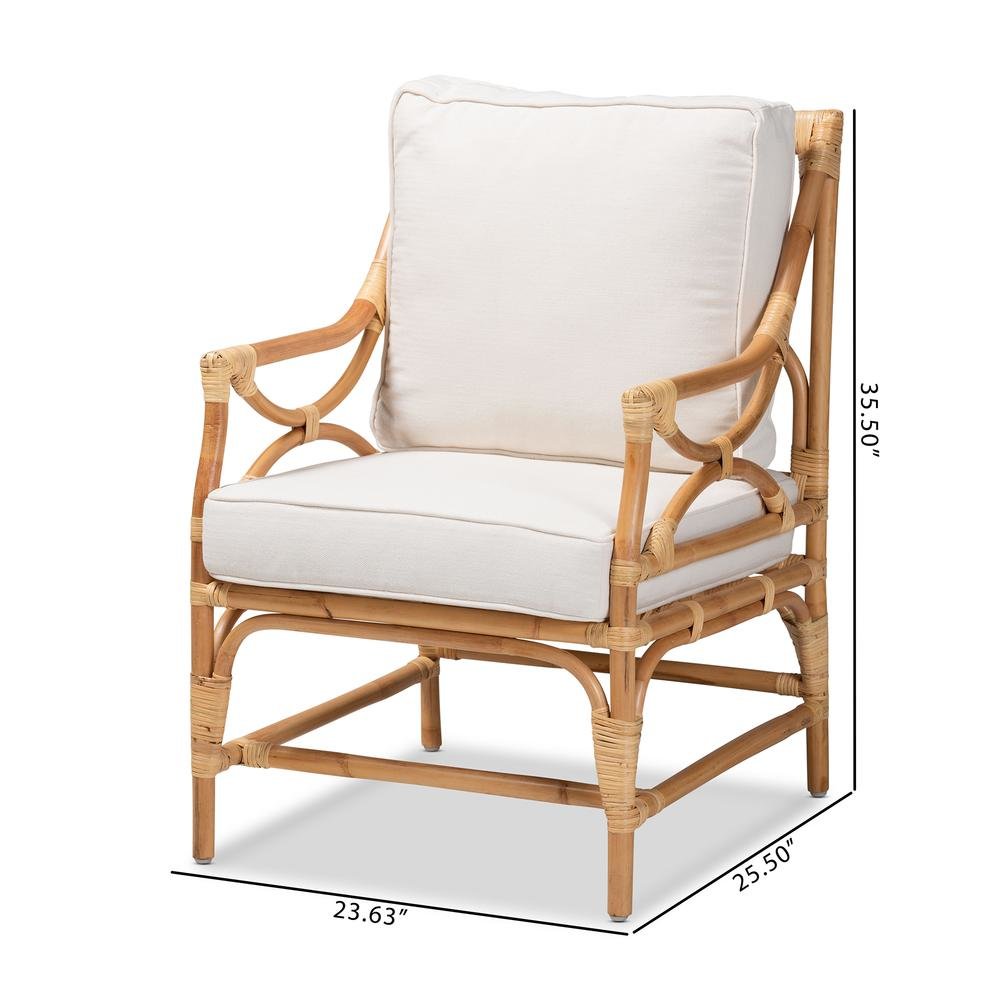 Bohemian White Fabric Upholstered and Natural Brown Rattan Armchair. Picture 8