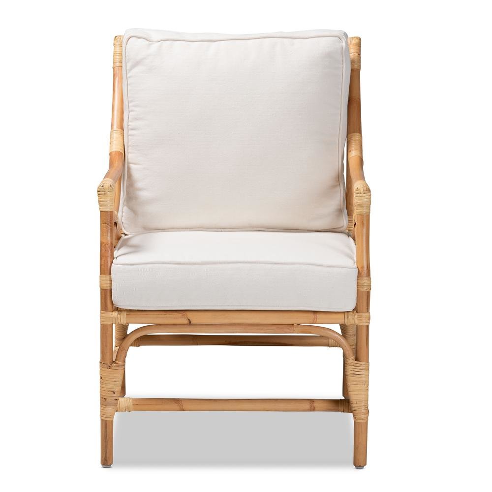Bohemian White Fabric Upholstered and Natural Brown Rattan Armchair. Picture 3