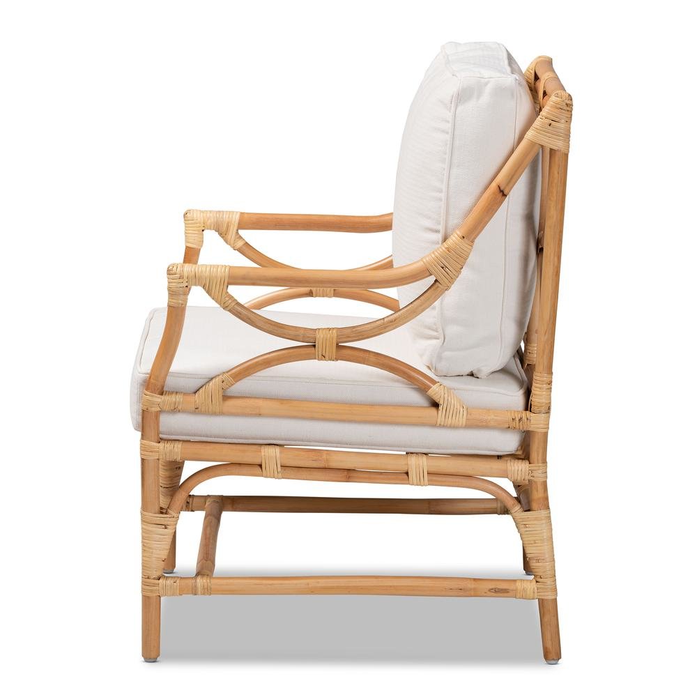 Bohemian White Fabric Upholstered and Natural Brown Rattan Armchair. Picture 4