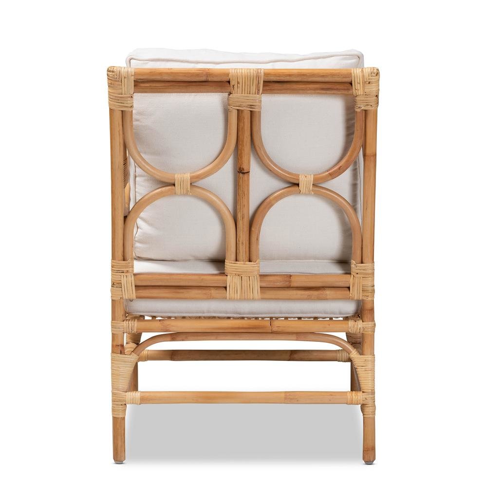 Bohemian White Fabric Upholstered and Natural Brown Rattan Armchair. Picture 5