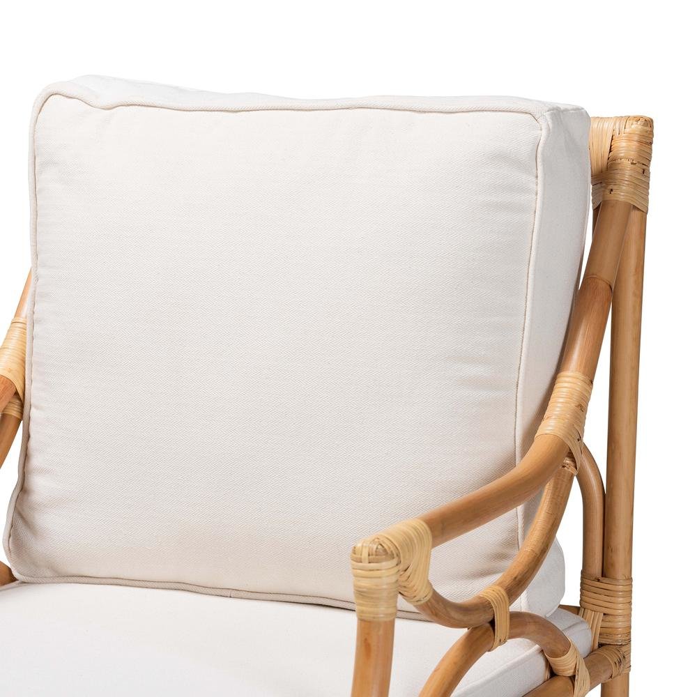 Bohemian White Fabric Upholstered and Natural Brown Rattan Armchair. Picture 6