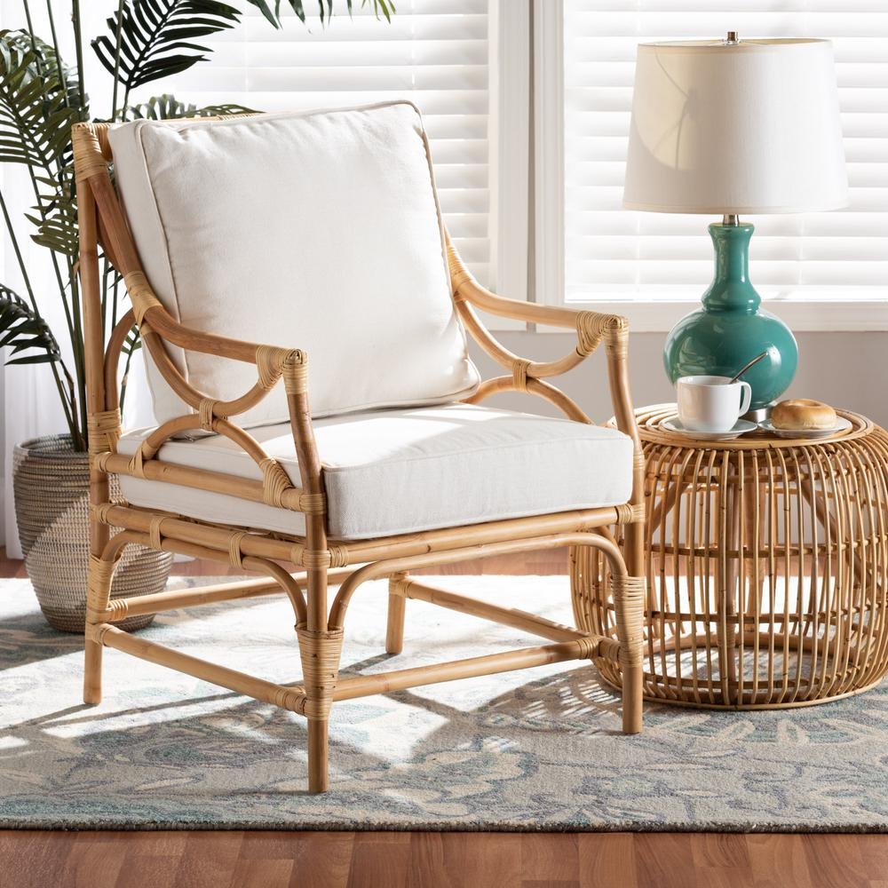 Bohemian White Fabric Upholstered and Natural Brown Rattan Armchair. Picture 9