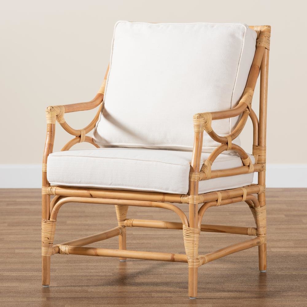 Bohemian White Fabric Upholstered and Natural Brown Rattan Armchair. Picture 2