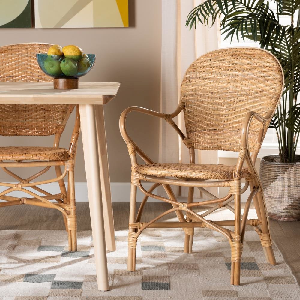 bali & pari Genna Modern Bohemian Natural Brown Finished Rattan Dining Chair. Picture 18
